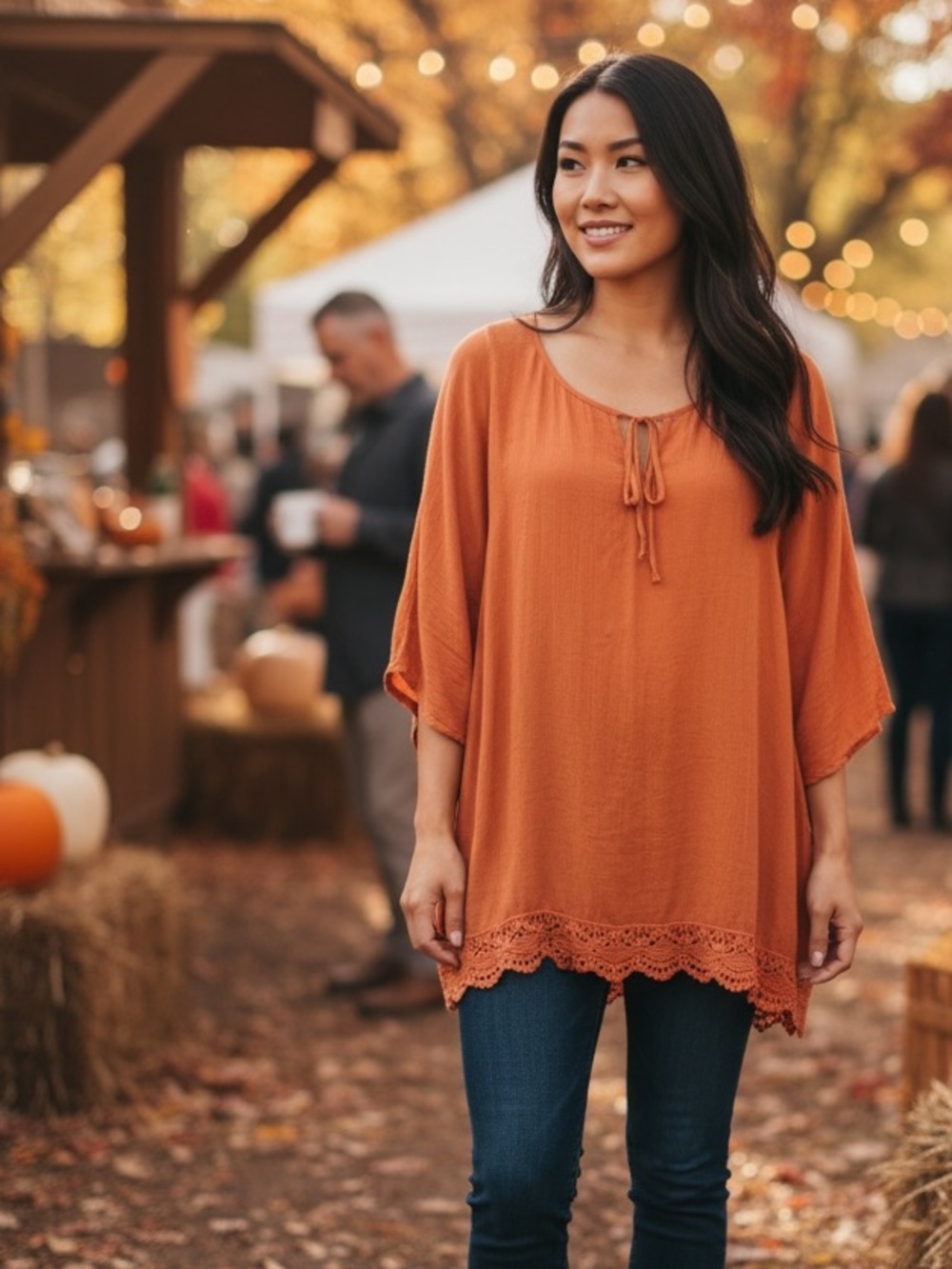 Orange Peasant Blouse with Crochet Hem